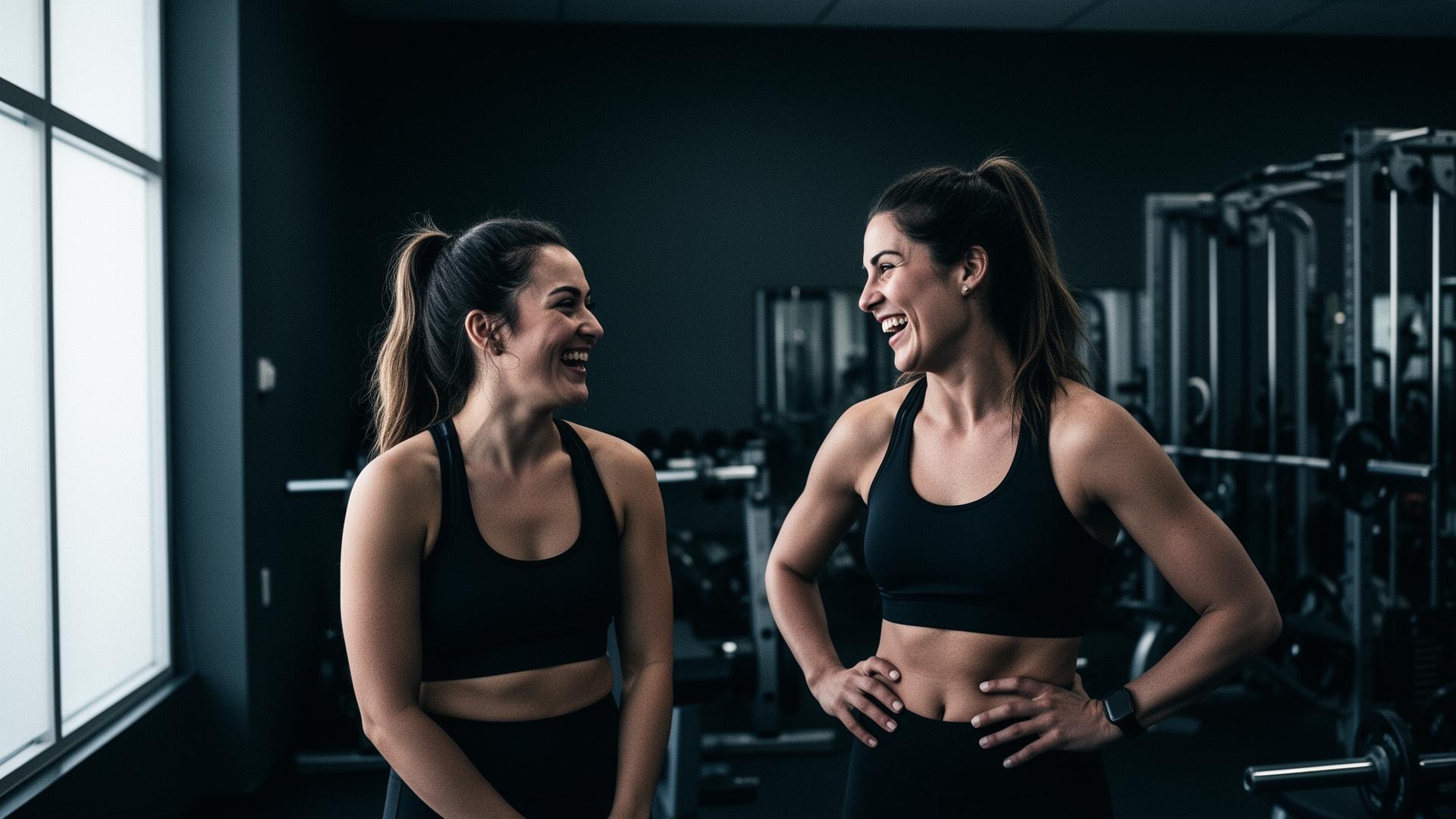 Two women laughing between sets in the HER Fit studio